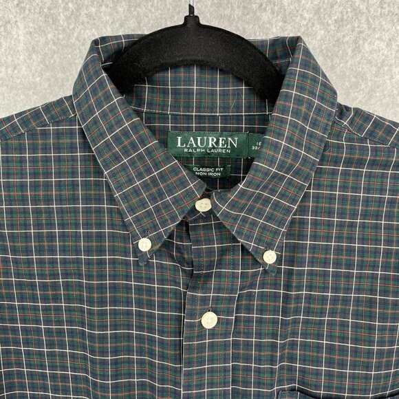 Lauren Ralph Lauren Mens Plaid Button Up Shirt Size 16 Neck Green Red White EUC - Picture 3 of 12